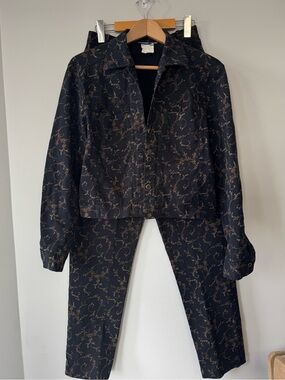 (S/M) Womens Black Floral-Print Jacket & Pants Set